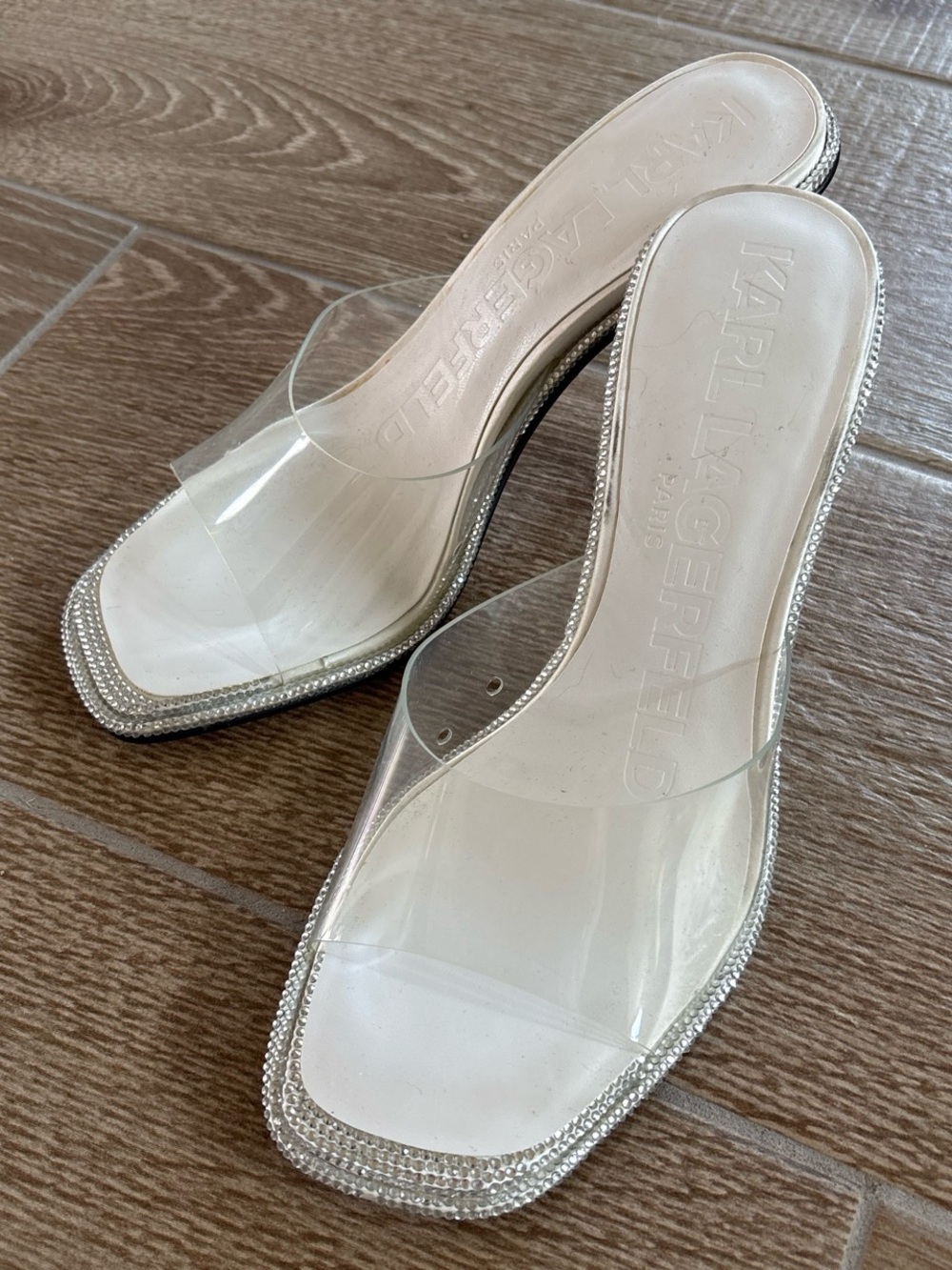 Karl Lagerfeld Clear Crystal-Trim Mules in White/Clear
